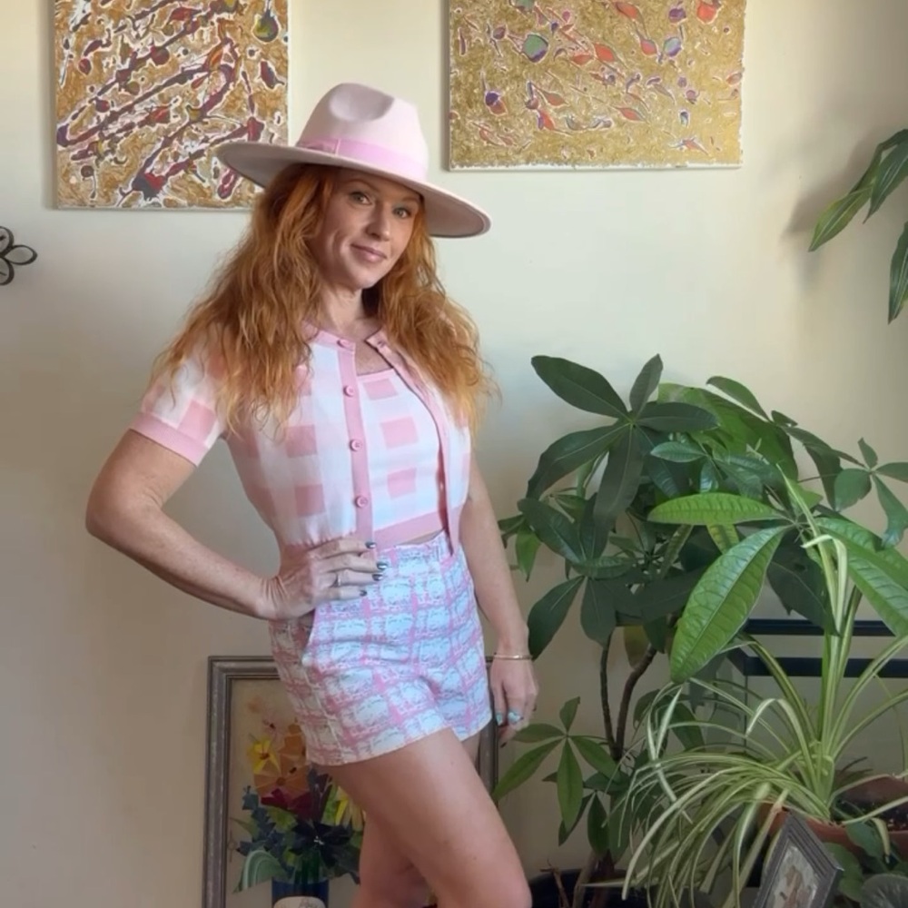 Pink set:
Pink & white cardigan & tank-Peach Love 
Pink tweed shirts-Glam Look